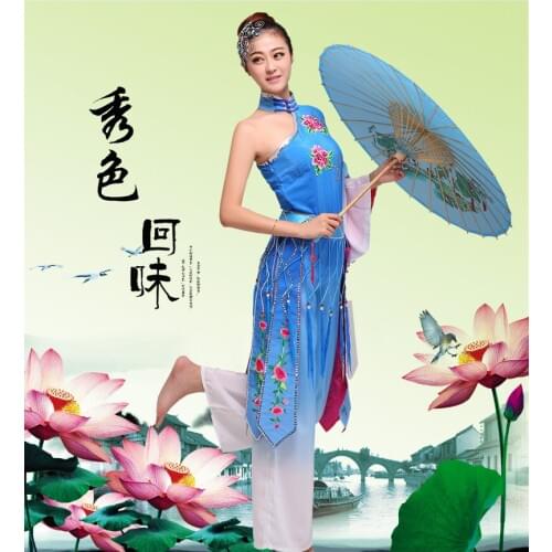 Xiu Se Hui Wei Blue Gradient Chiffon Dance Costume Classical Folk Dance Modern Dance Fan and Umbrella Dance Costume