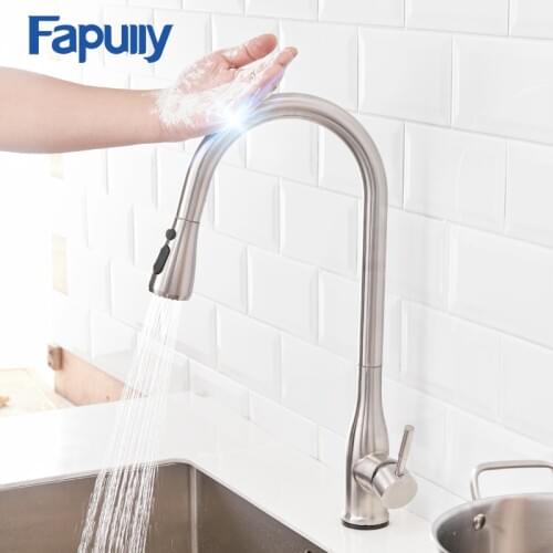 Fapully Sensitive Touch Kitchen Faucets Stainless Steel Sensor Smart Pull Out Sprayer Hand 360 Degree Rotation Mixer Taps CP1025