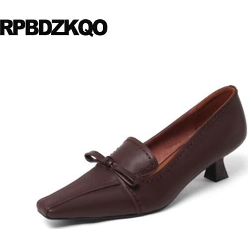 Size 33 Bow Pumps Black Kitten Square Toe Office Shoes Women Formal Brown Medium Heels Thin Ladies Genuine Leather High Elegant