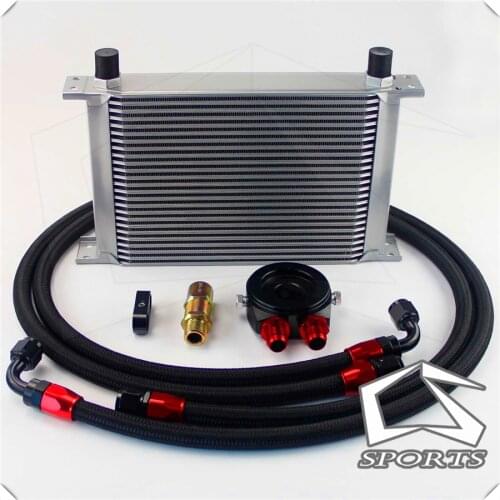 25 Row 248mm AN8 Universal Engine Transmission Oil Cooler British Type + Aluminum Filter Hose End Kit Silver