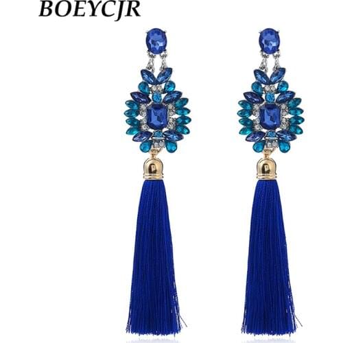 BOEYCJR Ethnic Blue Tassel Earrings Handmade Fashion Jewelry Hook Earrings Elegant Dangle Earrings for Women Gift