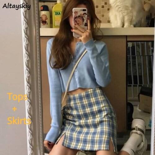 Women Sets Button Fly Shirts Side-slit Plaid Mini Skirts Womens Slim Fashion Ins All-match Chic Ulzzang Gentle Two-pieces Casual