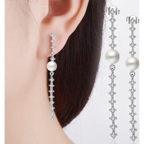 KOFSAC New Fashion Sterling Silver 925 Earrings For Women Party Shiny CZ Temperament Long Tassel Pearl Earring Fine Jewelry Gift