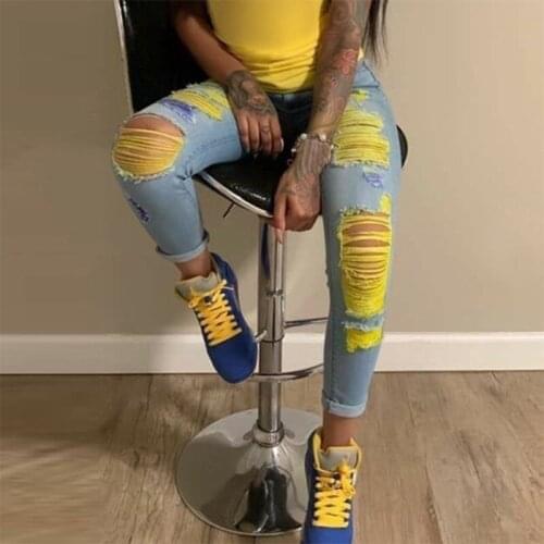 Female Skinny Washed Distressed Ripped Hole Jeans Fashionable High Waist Pencil Pants Close-Fitting Denim Pants