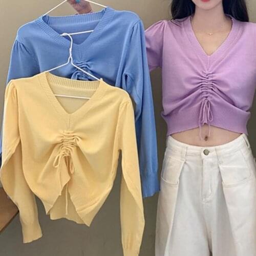 Spring Autumn Sweater Women Long Sleeve V Neck Crop Top Drawstring Korean Style Ladies Sweet Pullover Knitted Shirts Streetwear