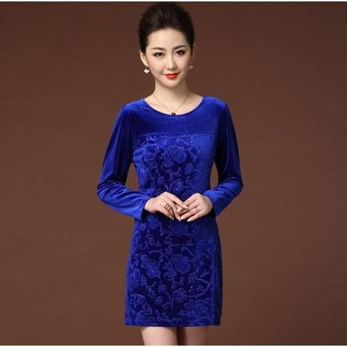 Middle-aged Mother Dress Large Size Womens Spring and Autumn Gold Velvet Solid Color Jacquard Dress