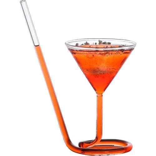 Free Shipping 2PCS Crystal Spiral Cocktail Glass Champagne Red Wine Cup Martini Goblet 5.6-Oz with Straw Set of 2