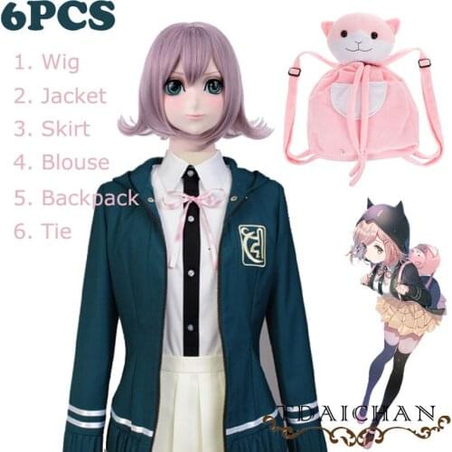 6PCS Sets Danganronpa Chiaki Nanami Cosplay Costume Dangan Ronpa Uniform Jacket Blouse/Shirt Skirt Cosplay Wig Tie Cat Backpack
