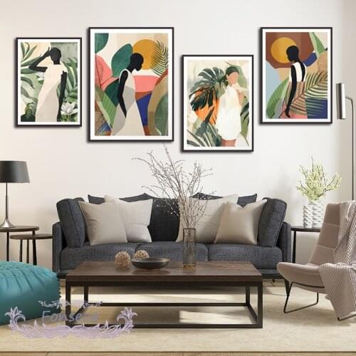 Tropical Leaf Fashion Woman Illustration Poster and Print Wall Art Canvas Painting Figure Plant Picture Living Room Decoration