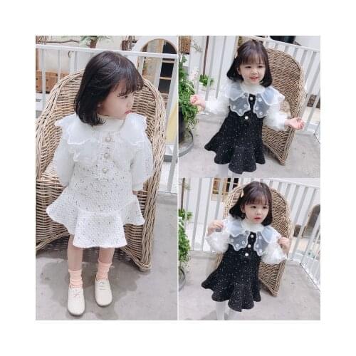 Spring new 3-7 year old girl baby fashion princess stitching dress + lace bottom shirt pearl two-piece childrens clothing tide