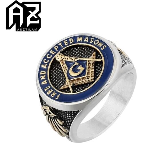 AZ New Arrival Silver Color Punk Stainless Steel Rings Religious Masonic Logo Ring For Women Men Jewelry Goth Gifts #7-13