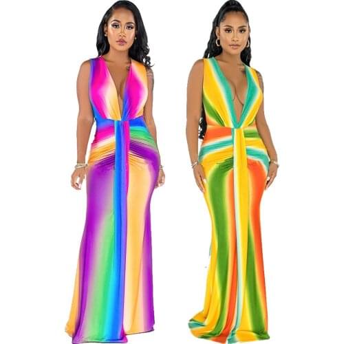 Fashion Summer Maxi Dress Sexy Sleeveless V-neck Long Dress Women Tie Dye Printing Slim Sundress High Waist Robe Femme 2 Colors