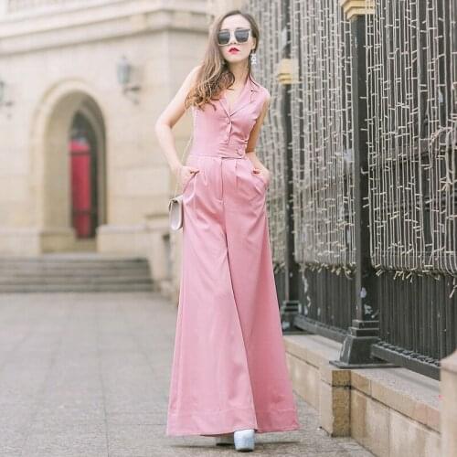 Pink Jumpsuit Women V-Neck Sleeveless Summer Jumpsuit 2018 Office Work Wear Elegant Wide Leg Jumpsuit With Pocket