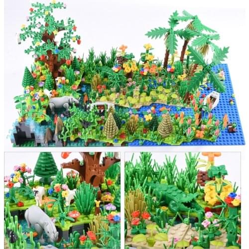 Wild Forest Island Scene Building Blocks Assembly Decoration Jungle Animals Rhinoceros Plants Coral Model Bricks Kids Toys