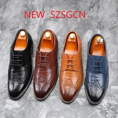 2019 New Men Oxford Genuine Leather Dress Shoes Brogue Lace Up Flats Male Casual Shoes Black Brown Size 38-48