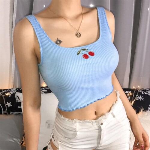 Ladies Elastic Ruched Short Vest Camisole Women Crop Top Summer Red Cherry Embroidery Strap Blue Tank Tops Cropped Feminino