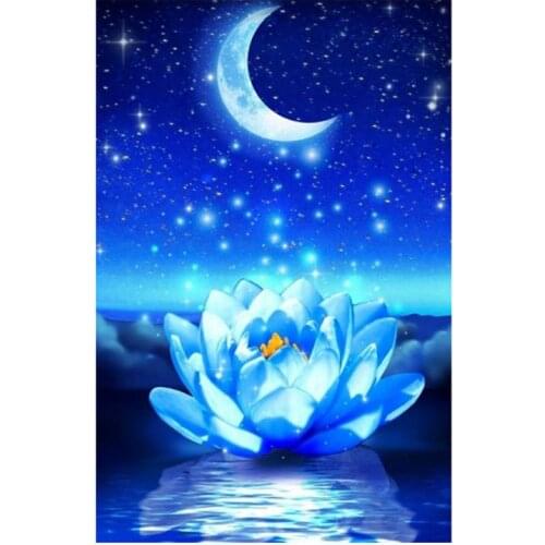 Moon Lotus Diamond Painting Dots - 5D Full Drill DIY Diamond Painting Kit - Crystal Blue Moon Louts Flower Diamond Embroidery