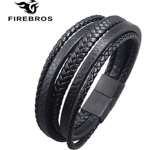 FIREBROS Black Gold Silver Color Stainless Steel Magnetic Buckle Multilayers Genuine Leather Bracelet Bangle Men Jewelry Gifts