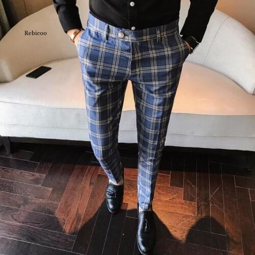 Mens Plaid Pants Men Fashion Casual Trousers Men Dress Pants Slim Fit