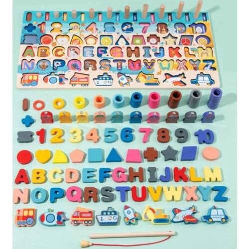 Montessori childrens education number alphabet fishing puzzle board wooden multifunctional 7 in 1 busy board