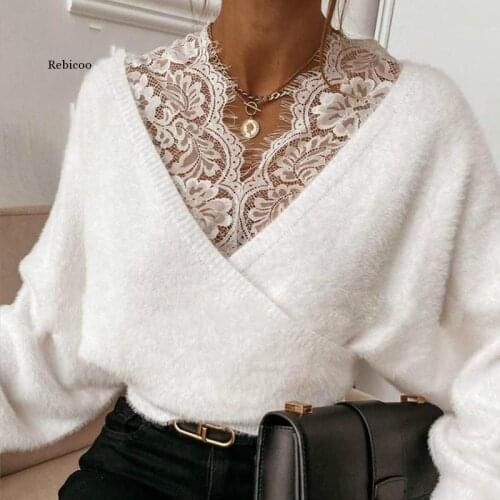 Elegant Off Shoulder V Neck Autumn Sweaters Vintage Sequin Patchwork Knitted Sweater Casual Women Long Sleeve Pullover Tops