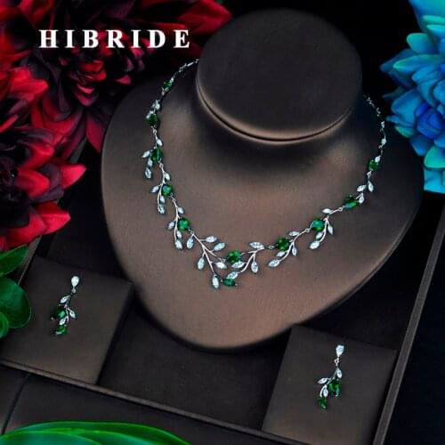 HIBRIDE Luxury Leaf Shape Green CZ Stone Jewelry Set For Women parure bijoux femme mariage Engagement Set N-659