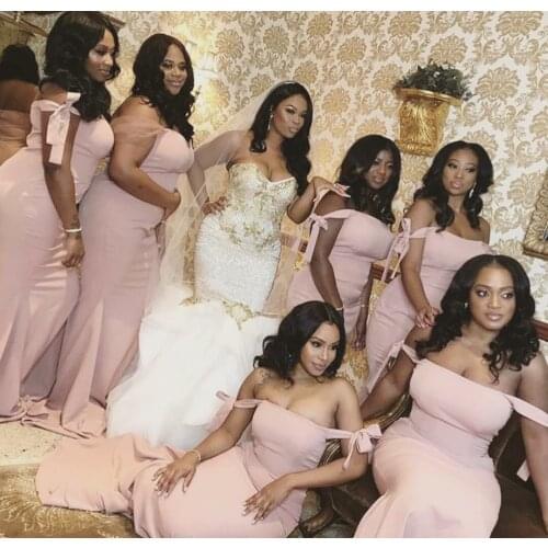 Classic Long Satin Mermaid Bridesmaid Dresses Custom Made Lace Up Pink Off Shoulder Formal Wedding Party Dresses