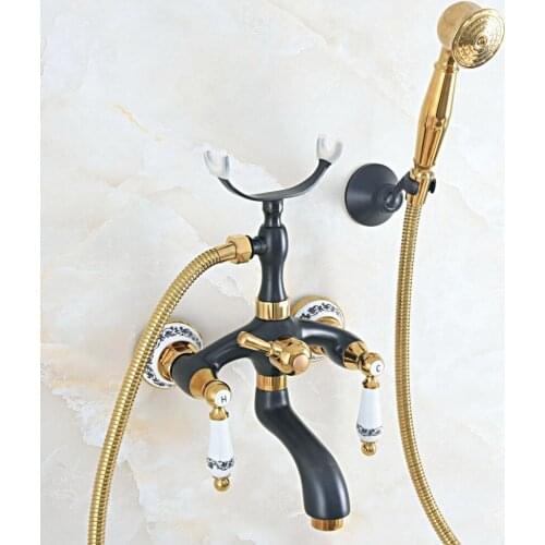 Gold & Black Oil Rubbed Brass Wall Mounted Bathroom Bath Tub Faucet Set with 1500MM Hand Held Shower Spray Mixer Tap 2na548