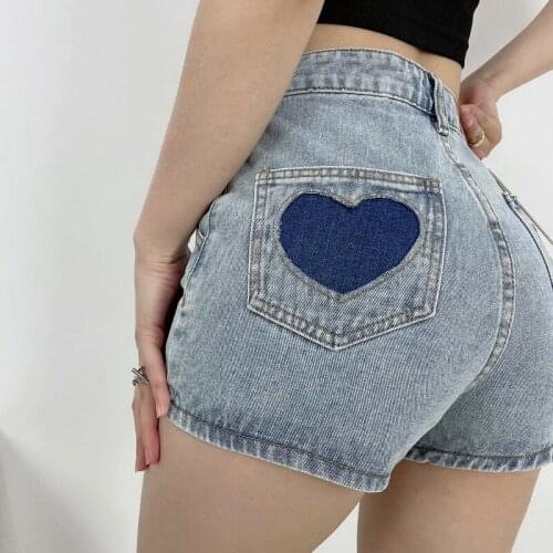 Summer Hot Short Jeans Heart Love Pockets Back High Waist Skinny Denim Shorts Women Y2K Vintage Female Black Ins White P029