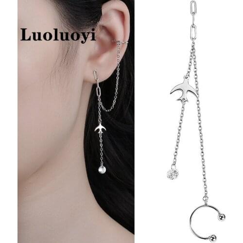 Luoluoyi 1pcs Korean Long Tassel No Piercing Ear Cuff Earrings For Women Small Swallow C Shaped Ear Bone Clip