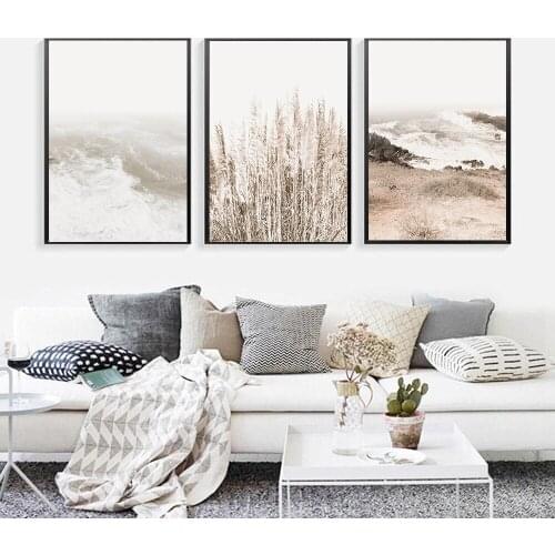 Coastal Wall Art Canvas Painting Pastel Beach Landscape Posters and Prints Pampas Grass Wall Pictures for Living Room Home Decor