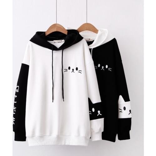 Autumn Winter Kawaii Cat Cotton Fleece Hoodies Women Teens Girl Korea Harajuku Cartoon Printed Pullover