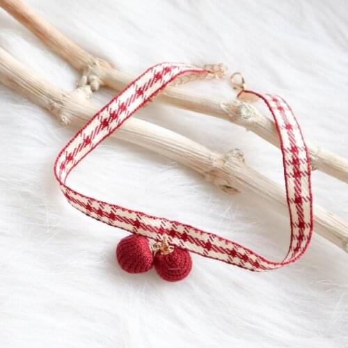 White Red Plaid Cotton Fabric Cherry Ball Pendant Choker Necklace for Women Girls Fashion Sweet Short Necklaces Collares FS04