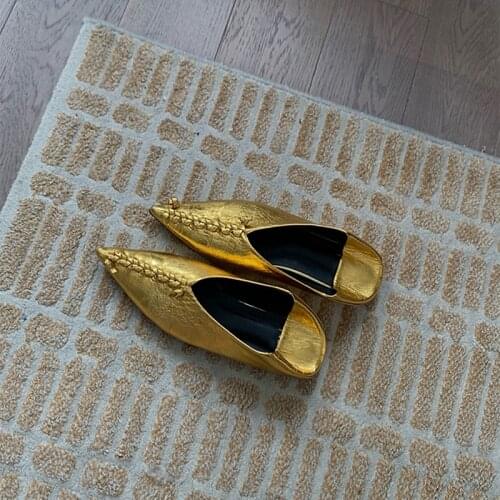 Golden Pointed Toe Woven Muller Sandals Women 2021 Summer New Shallow Peas Flats Shoes Single Shoes Woman Mules Sandalias Mujer