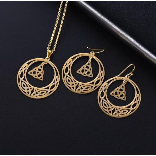 Skyrim Irish Knot Stainless Steel Jewelry Set Black Gold Color Gothic Triquetra Pendant Necklace Round Dangle Earring for Women