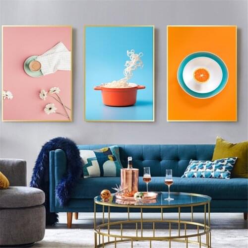 Fresh Korea Style Painting Print On Canvas Nordic Lianas Flower Coffee Noodles Poster Wall Art Picture Dining Room Kitchen Decor