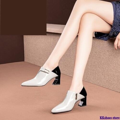 Spring Deep Single Shoes Woman Square Heel Buckle Womens High Heels Pointed toe Joker Pumps Soft Patent leather White