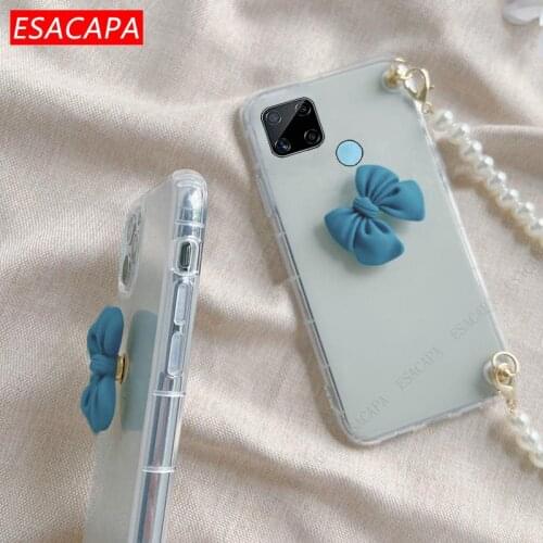 Pearl Bracelet Silicone Phone Case For OPPO Realme C21 C17 C15 8 3 Pro 7i 6i 5i Cute Bow-Knot Transparent Cover For Reno 5F 5Z