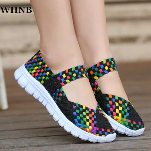 WHNB Womens Loafers Casual Shoes 2021 Spring Comfortable Sneakers Woven Breathable Flat Shoes Outdoor Hook&Loop Slip