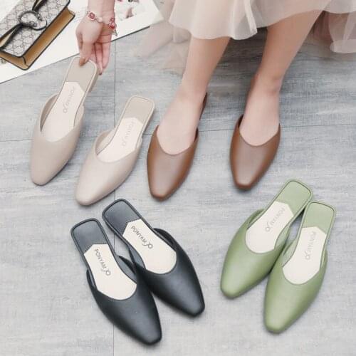 2021 New Fashion Pointed Toe Single Shoes Half Slippers Female Summer Low Heel All-match Womens Slippers Waterproof Mules