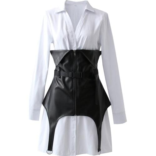 European and American style womens long-sleeved slim fit suit with plastic waist two-piece shirt dress