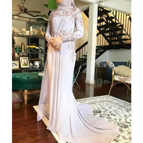 Elegant Long Sleeve O-Neck Mermaid Evening Dresses Lace Beaded Pleats White Floor Length Formal Party Dresses for Women