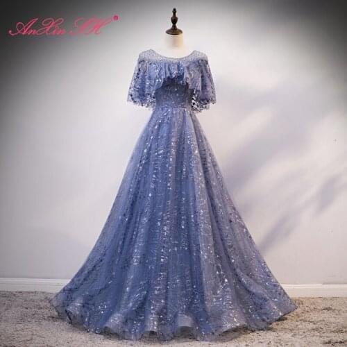 AnXin SH vintage princess blue sparkly lace o neck ruffles a line illusion party stage bride lace up host evening dress