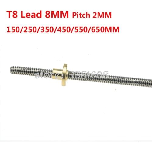 1PC T8 Lead Screw OD 8mm Pitch 2mm Lead 8mm Length 150/250/350/450/550/650MM with Brass Nut for 3D Printer & CNC