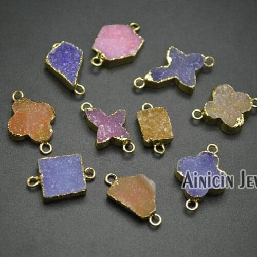 10pcs Pink Purple Yellow Cross Clover Geometric Mixed Color Shape Natural Drusy Stone Gold Plated Jewelry Connectors Pendants