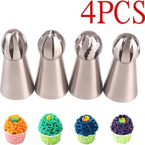 4PCS Stainless Steel Spherical Cream Decorating Mouth Icing Piping Nozzles Cupcake Spatula Cutter Cake Decorating Tools