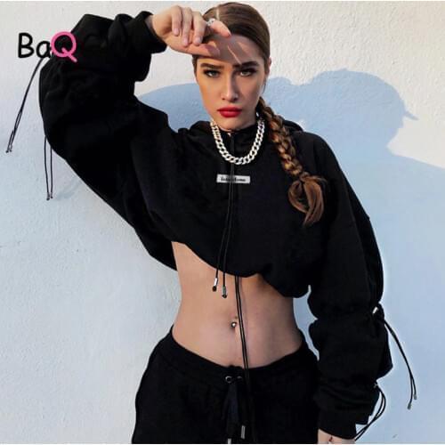 BaQGW Women Hooded Sweatshirts Long Sleeve Drawstring Crop Top Letter Print 2020 Autumn Female Fashion Casual Hoodies Black Tops