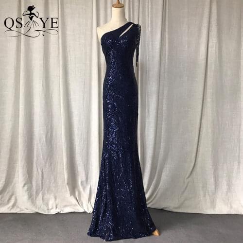 Sparkle Navy Prom Dresses 2021 Sequin One Shoulder Mermaid Evening Gown Beading Straps Sequin Pattern Formal Party Gown Blue New