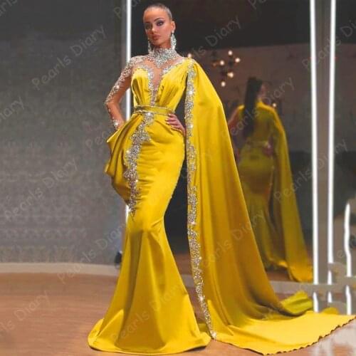 Dubai Evening Dresses High Neck Beaded Rhinestones Mermaid Prom Gown Cape Long Sleeves Satin Arabic Party Dresses 2021 Robes
