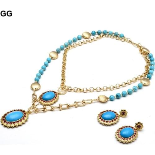 GG Jewelry Blue Sea Sediment Jaspers Turquoises Pendant Chain Statement Necklace Earrings Set 18" For Women